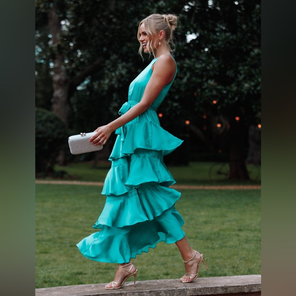 Petal & pup satin shamrock tiered ruffle maxi dress nwot